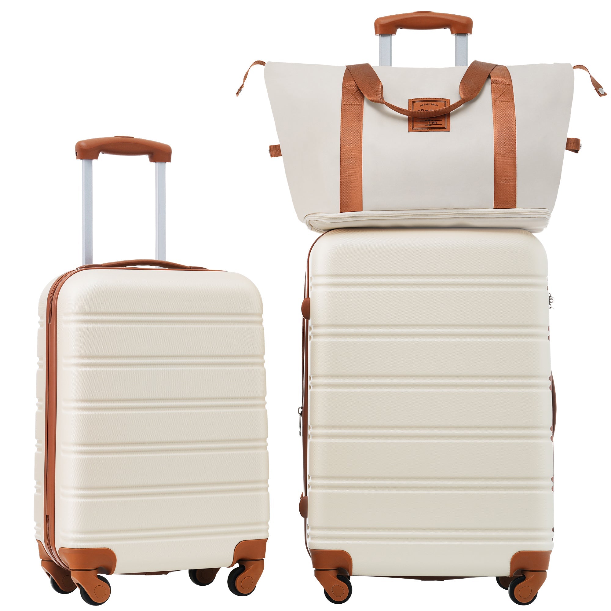 Ivory and Brown 2 Piece Luggage Set / Hardshell + Bag Spinner Suitcase with TSA Lock