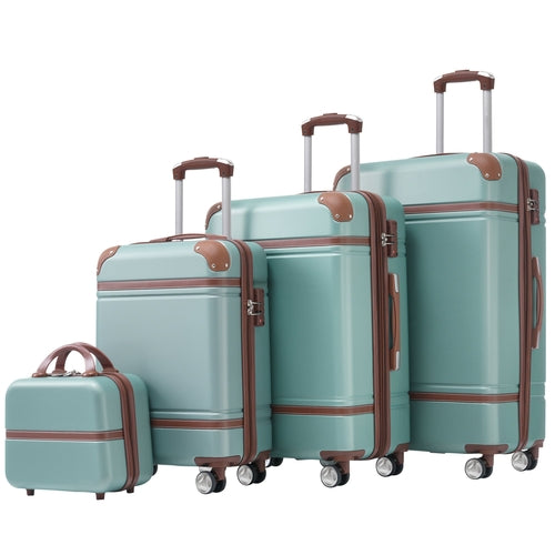 4 Piece Aquamarine Blue and Brown Hardshell Luggage Set/  11'+20'+24'+28' Luggage and Cosmetic Case
