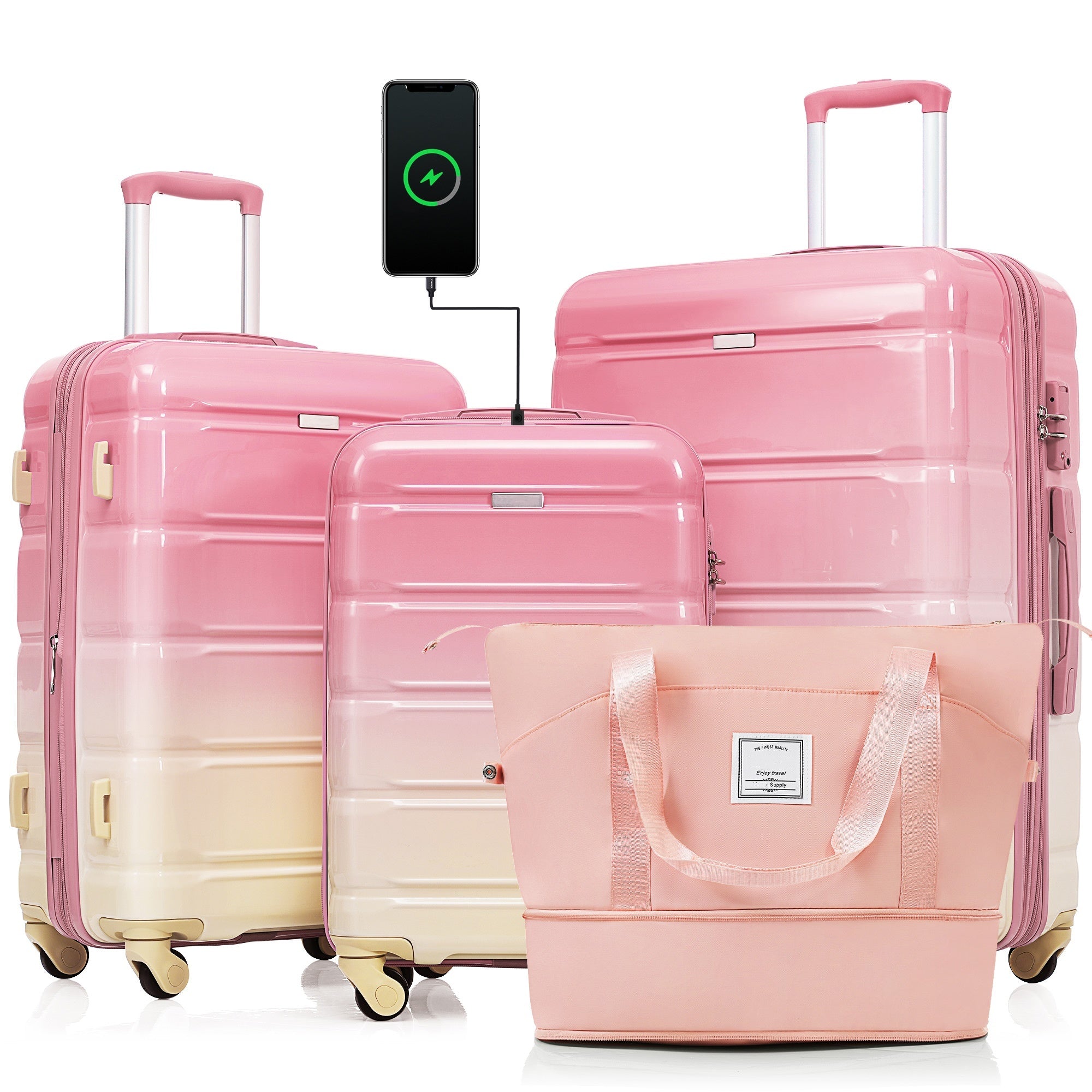 3 Piece Pink Ombre Color Luggage Set /  Bonus Travel Bag