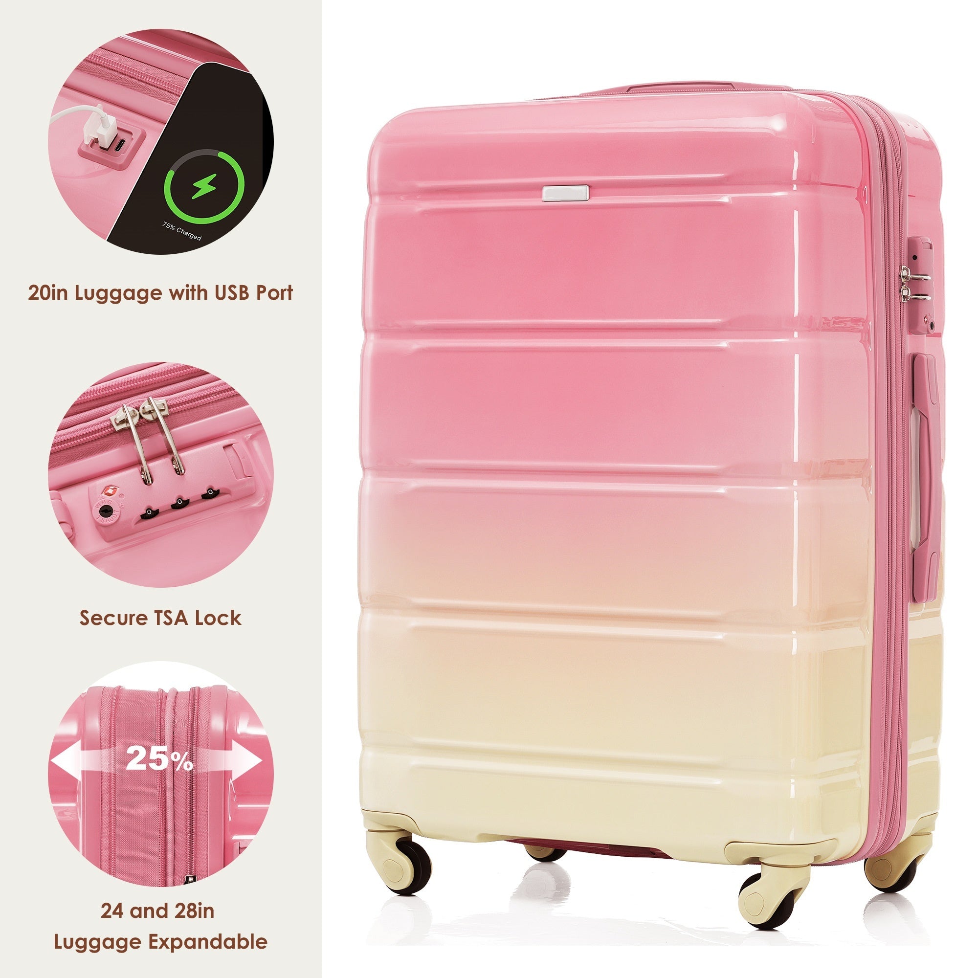 3 Piece Pink Ombre Color Luggage Set /  Bonus Travel Bag
