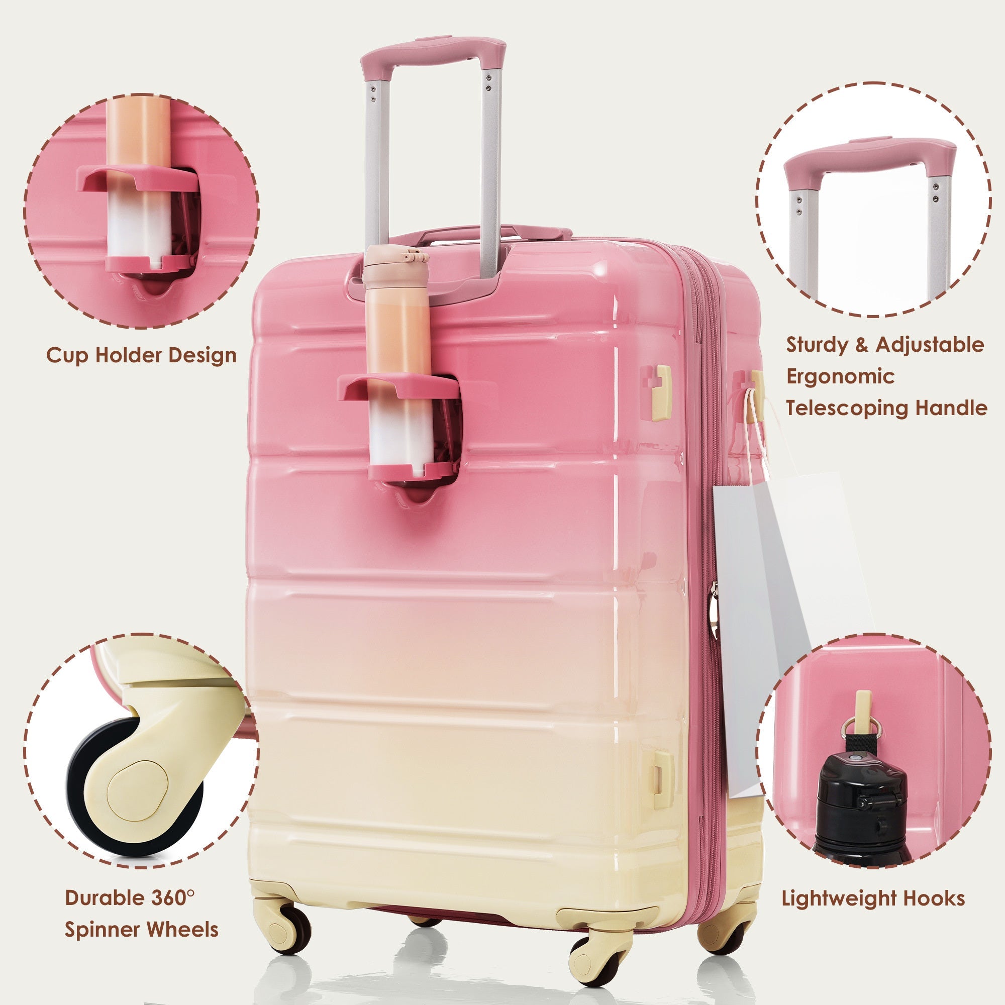3 Piece Pink Ombre Color Luggage Set /  Bonus Travel Bag