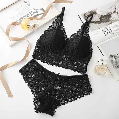 Women Lace Bra Set Deep V Bra and Panties Set Lace Bralette Seamless