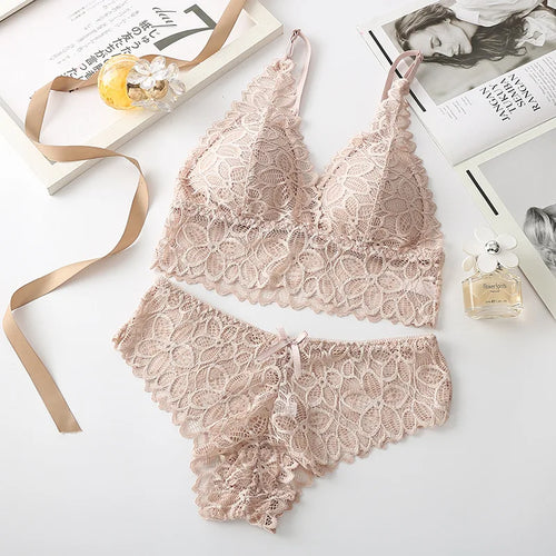 Women Lace Bra Set Deep V Bra and Panties Set Lace Bralette Seamless