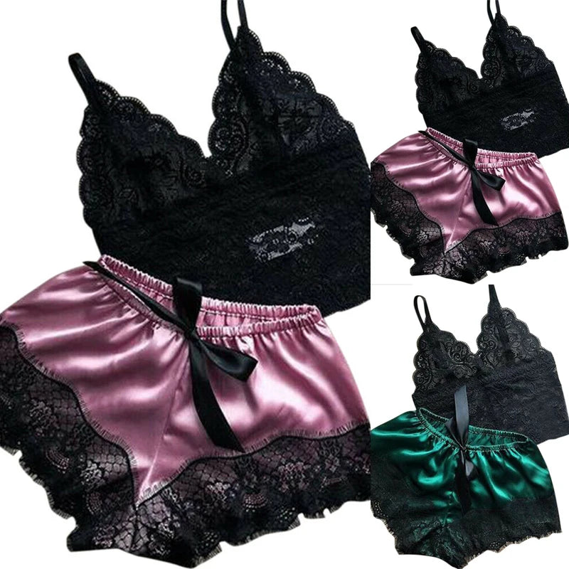 2PCS Womens Lace Sleepwear Lingerie Tops Shorts Set Babydoll Pajamas