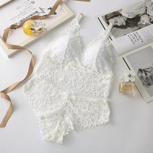 Women Lace Bra Set Deep V Bra and Panties Set Lace Bralette Seamless