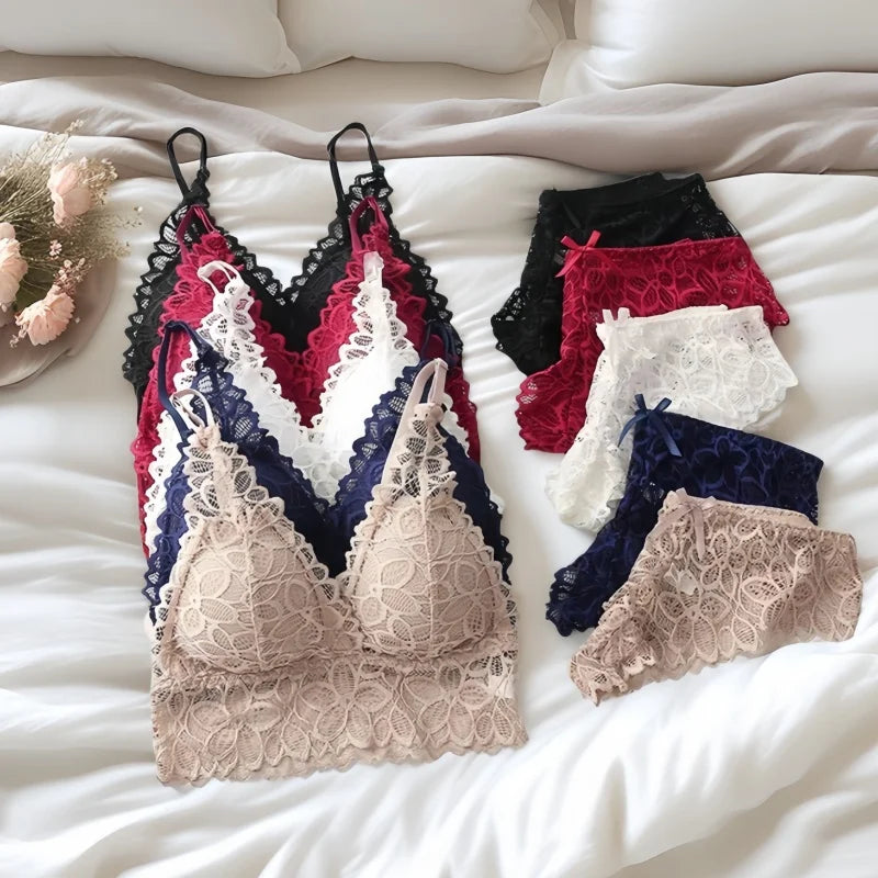 Women Lace Bra Set Deep V Bra and Panties Set Lace Bralette Seamless