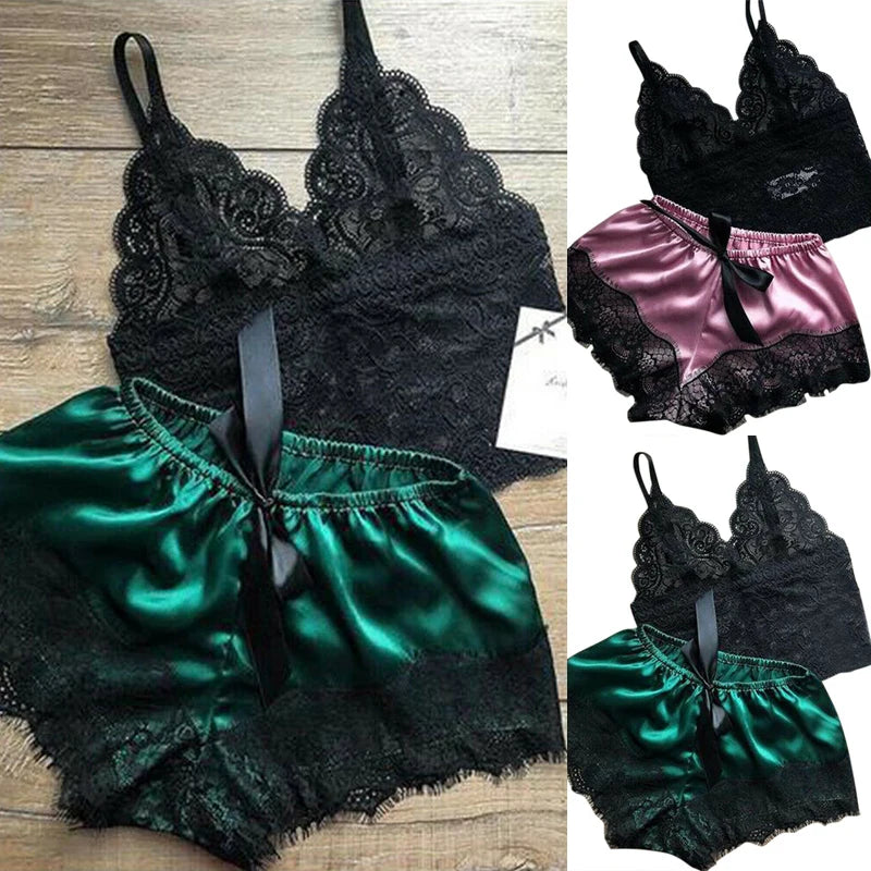 2PCS Womens Lace Sleepwear Lingerie Tops Shorts Set Babydoll Pajamas