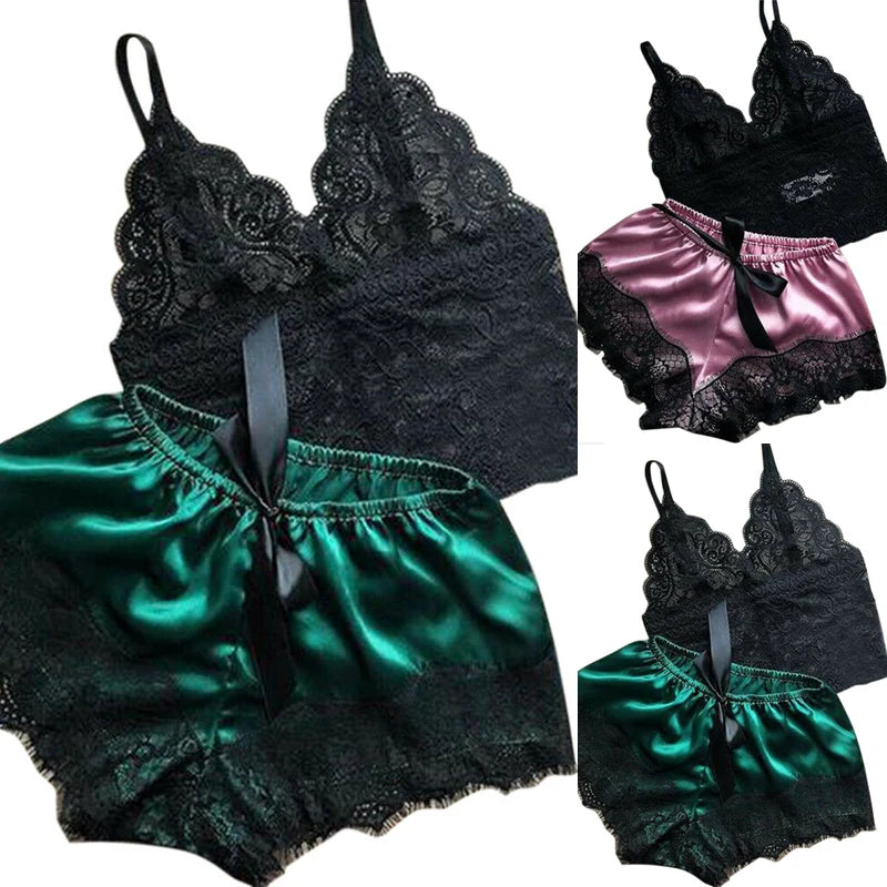 2PCS Womens Lace Sleepwear Lingerie Tops Shorts Set Babydoll Pajamas