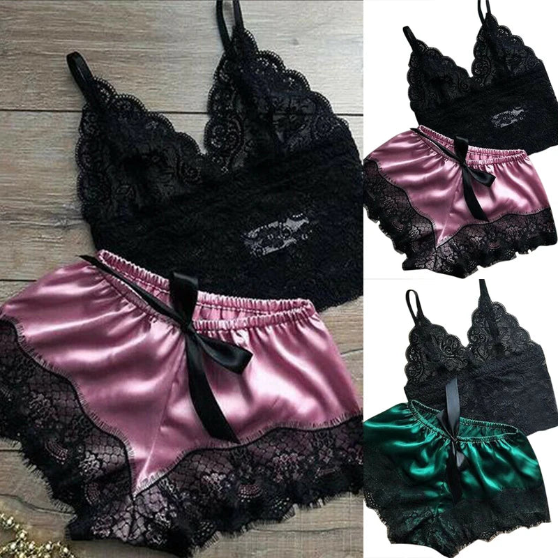 2PCS Womens Lace Sleepwear Lingerie Tops Shorts Set Babydoll Pajamas