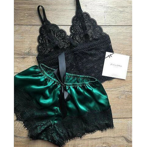 2PCS Womens Lace Sleepwear Lingerie Tops Shorts Set Babydoll Pajamas