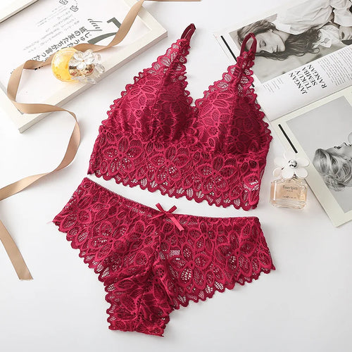 Women Lace Bra Set Deep V Bra and Panties Set Lace Bralette Seamless