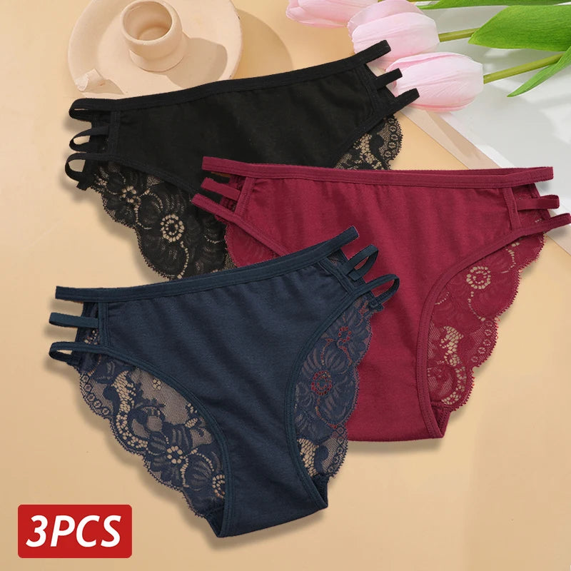 3PC/Set Women's Sexy Floral Lace Panties Low Rise Hollow Out Briefs