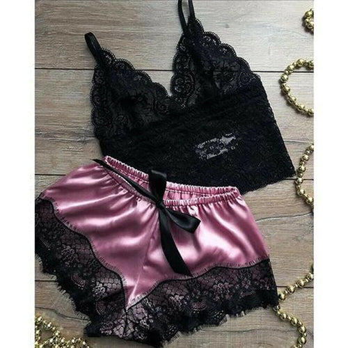 2PCS Womens Lace Sleepwear Lingerie Tops Shorts Set Babydoll Pajamas